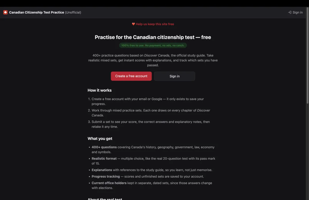 The landing page: free practice for the Canadian citizenship test, how it works and what you get.
