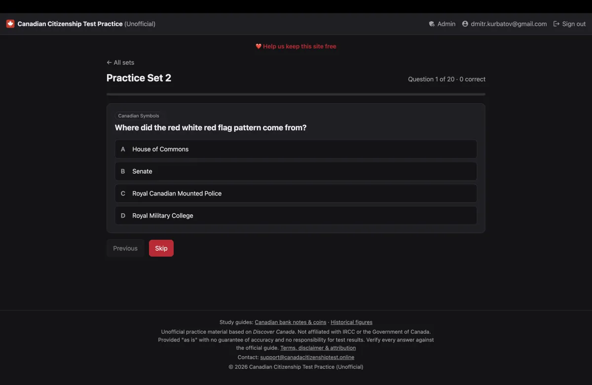 A practice question with four answer options and progress through the set.