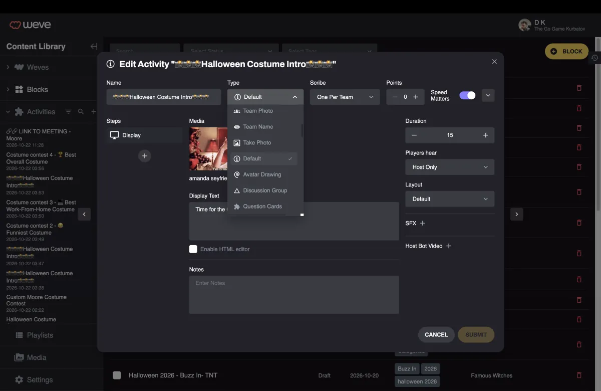 The activity editor: name, type, scoring, steps, media, display text and layout.