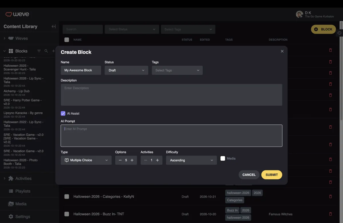 The Create Block dialog with AI Assist on: a prompt, the activity type, number of options and difficulty.