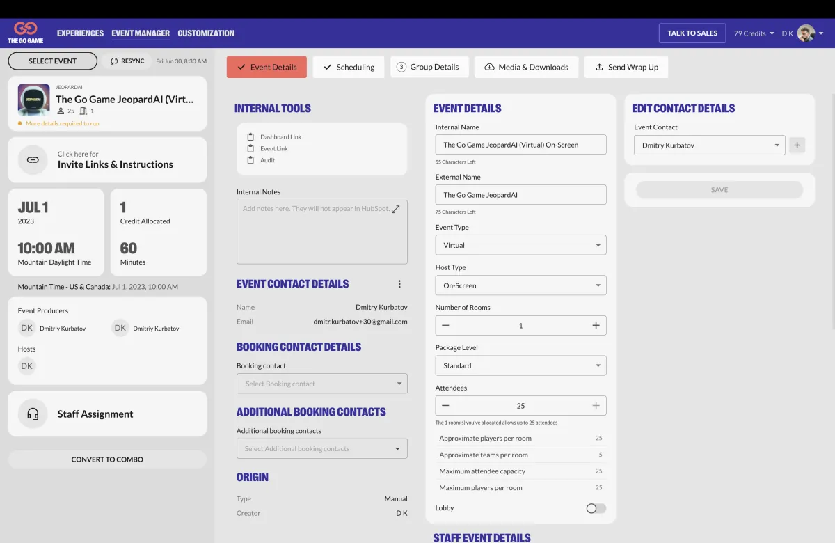An event's details in EMD: date, credits, producers and hosts, contacts and room settings.