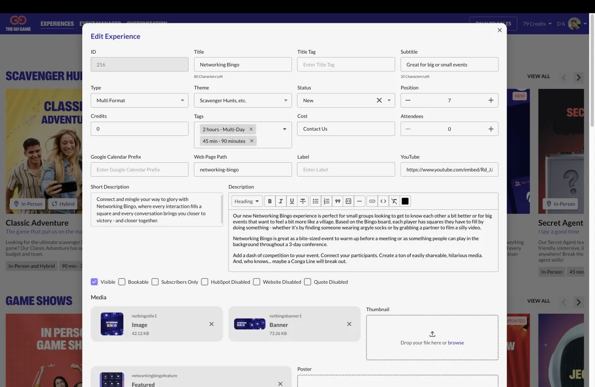 The admin editor for an experience: type, theme, credits, tags, rich-text description and media.