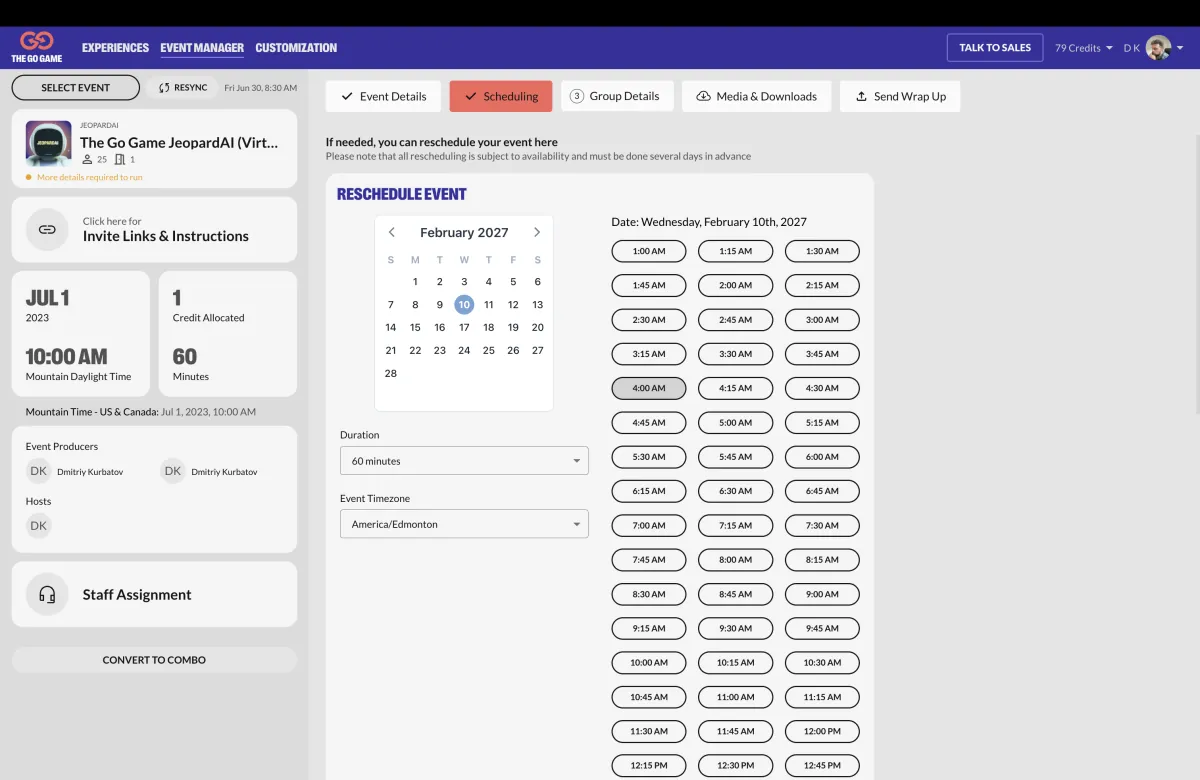 The reschedule screen with a calendar, time slots, duration and time zone.