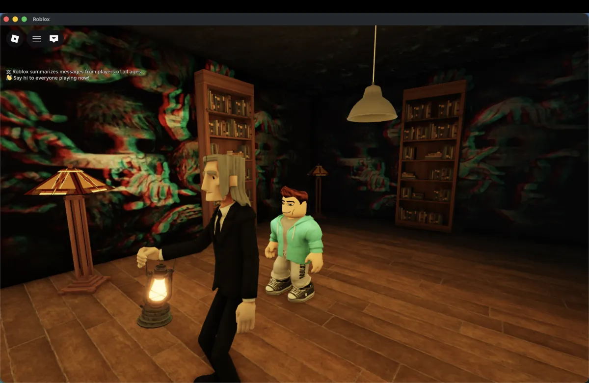 The butler, holding a lantern, leads a player through a library with bookshelves and lamps.