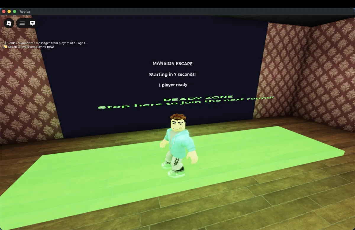 The lobby: a glowing ready zone with a sign showing the next round starting in 7 seconds.
