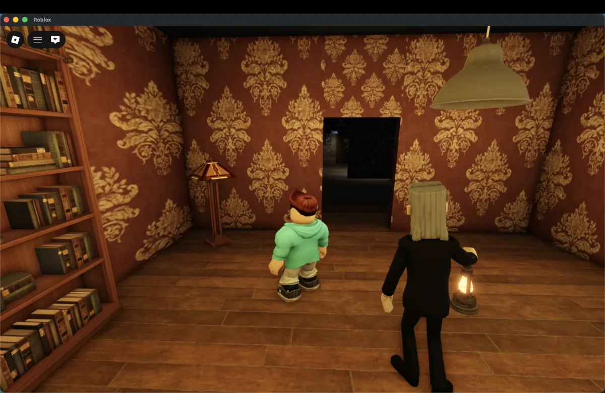 A wallpapered room with a bookcase and a floor lamp, and a doorway leading into the dark.
