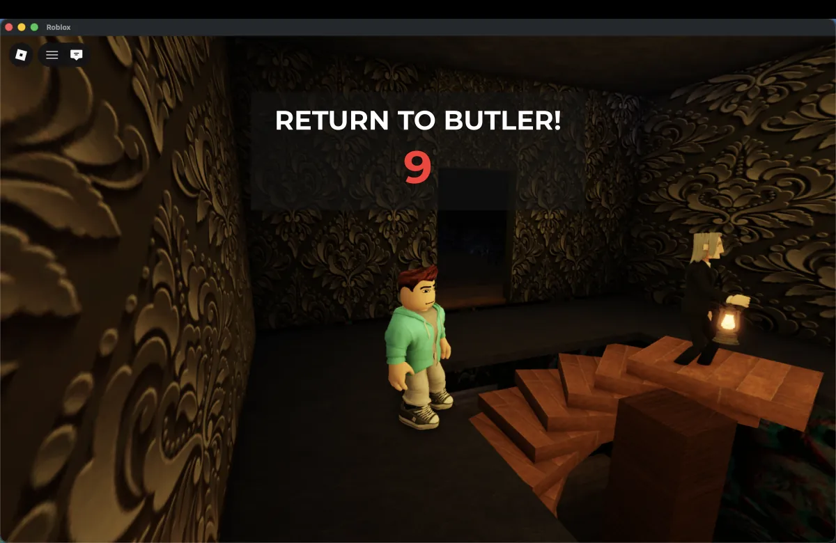 A player at the top of a spiral staircase, with the butler on the landing and a 9-second countdown.