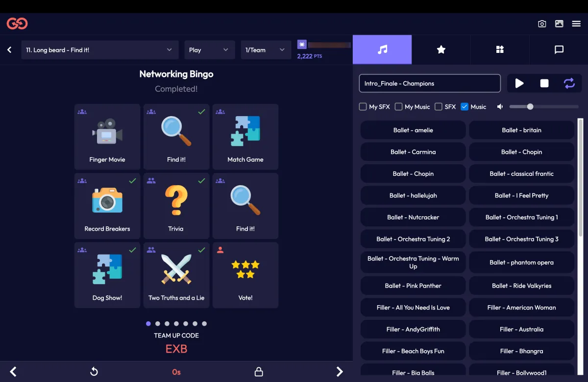 The event admin view: a completed board, the activity and team selectors, playback controls and the soundboard.