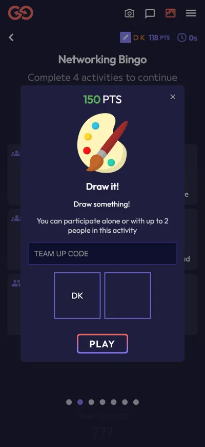 The Draw it! activity, open to two players, with one slot filled.