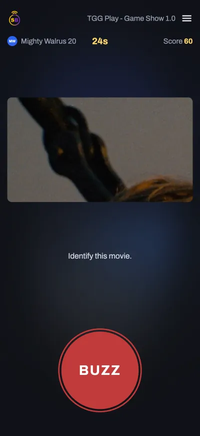A buzz-in round on a player's phone with a large red Buzz button.