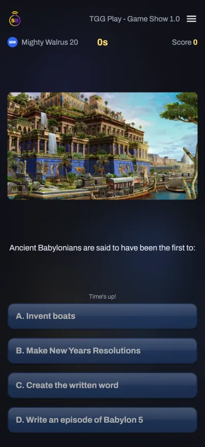 A multiple-choice question on a player's phone after time ran out.