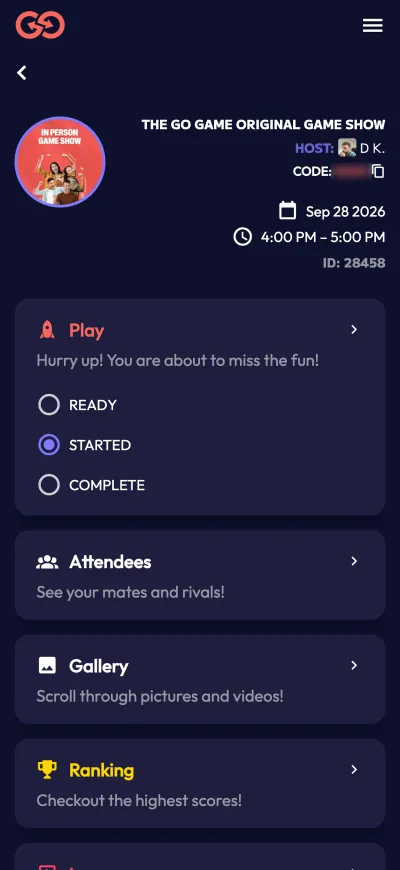 An event page with links to play, attendees, the gallery and ranking.