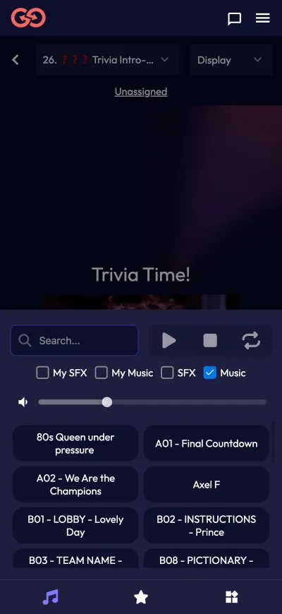 The host's soundboard with music and sound effects for the current activity.