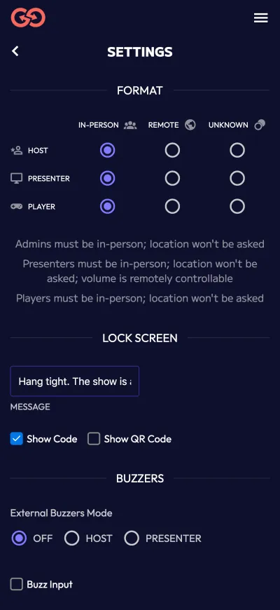 Event settings for in-person, remote and unknown locations, the lock screen and external buzzers.