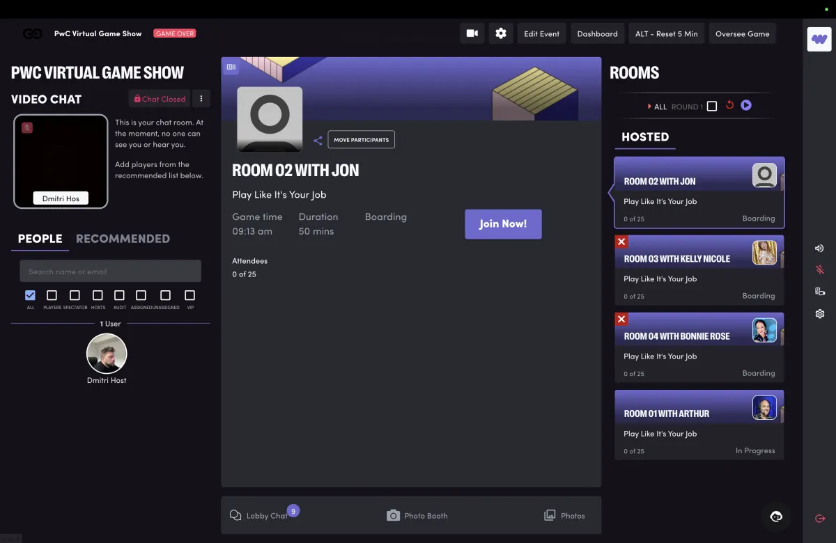 The host's control room for a virtual game show: video chat, room details and the list of hosted rooms.