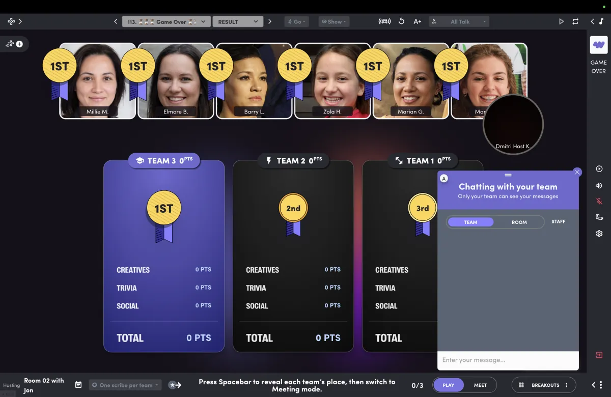 Final scores per team by category, with the team chat panel open.