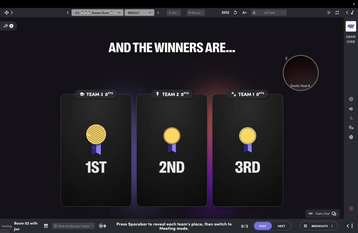 The winner reveal screen with first, second and third place medals for three teams.